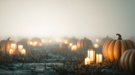 An enchanting autumn scene featuring pumpkins and glowing candles scattered across a foggy landscape, creating a warm and inviting atmosphere.の素材