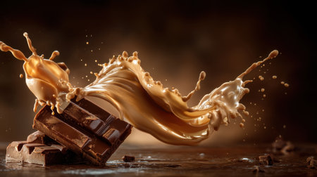 A captivating image showcasing a splash of liquid caramel paired with decadent dark chocolate, creating an artistic dessert scene. The rich textures and dynamic motion evoke a sense of indulgence and flavor perfection.の素材