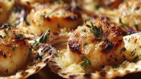 This image showcases beautifully grilled scallops served on shells, garnished with thyme and garlic butter, ideal for gourmet dining.の素材