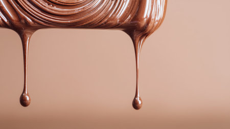 A close-up view of rich chocolate sauce elegantly dripping onto a smooth surface, showcasing glossy texture and depth, perfect for desserts.の素材
