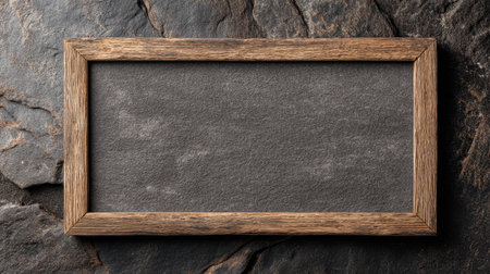 A rustic wooden frame rests on a textured stone background, providing an ideal setting for artistic displays or creative presentations.の素材