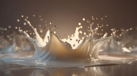 A stunning image of a milk splash frozen in time, showcasing fluid dynamics and light reflections, perfect for creative projects or advertising.の素材