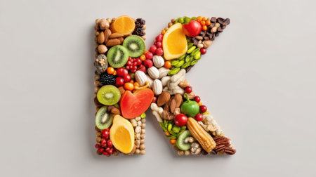 A colorful composition of various fruits, nuts, and seeds arranged to form the letter K, representing health, nutrition, and creativity in food presentation.の素材