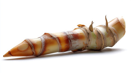 A fresh bamboo shoot lying on a surface, highlighting its intricate patterns and unique texture, ideal for culinary and health-related themes.の素材