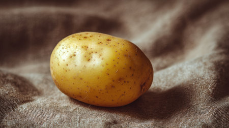 A fresh yellow potato rests on a textured fabric background, showcasing its smooth skin and earthy tones, ideal for food photography projects.の素材