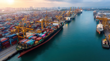 This stunning aerial view captures the bustling activity of a shipping port, showcasing cargo ships lined with colorful containers as they navigate the harbor.の素材
