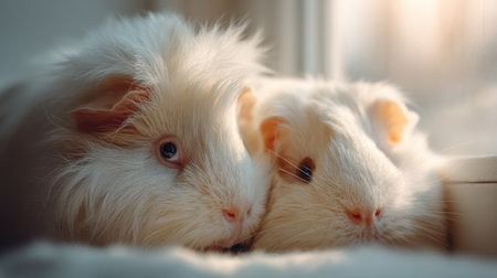Two fluffy white guinea pigs snuggle closely together, basking in warm light from a nearby window. This serene scene captures the essence of companionship and comfort in a cozy home setting.の素材