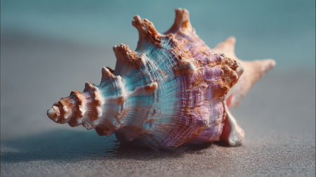 A striking close-up of a colorful spiral shell resting on a smooth surface, capturing the beauty of nature's marine treasures in vivid detail.の素材