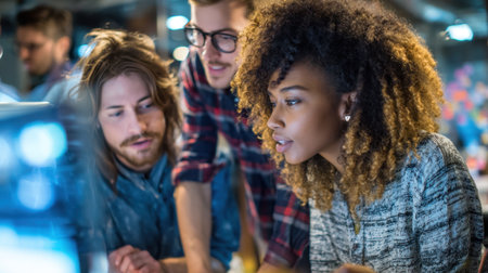 A diverse group of young professionals engages in a collaborative project in a contemporary office setting, showcasing teamwork and creativity.の素材