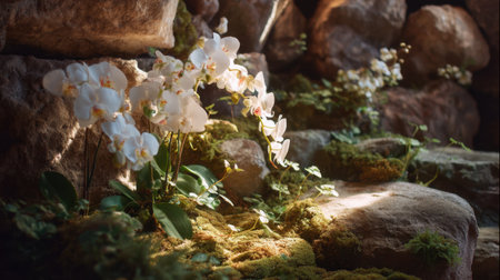 A captivating scene showcases delicate white orchids flourishing amidst mossy stones, bathed in gentle sunlight, creating a tranquil atmosphere perfect for nature lovers.の素材