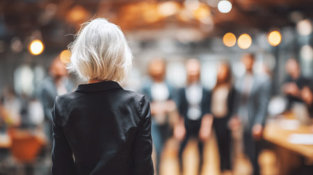 A senior woman stands in the foreground, observing a professional business meeting in a modern office. The blurred group represents collaboration and teamwork.の素材