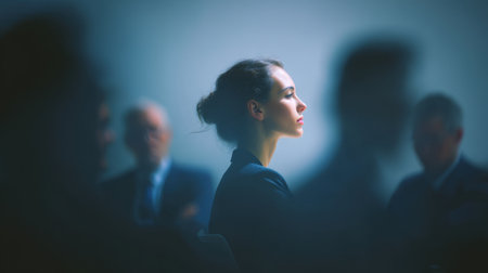 A thoughtful businesswoman sits in profile during a meeting, surrounded by blurred figures of colleagues in a soft-lit office environment.の素材