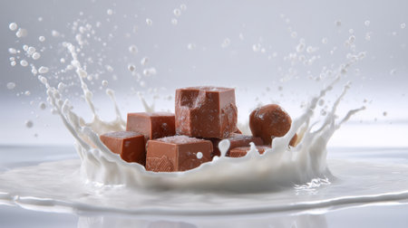 A captivating scene showcasing chocolate cubes dramatically splashing in milk, emphasizing the rich texture and flavor of dessert ingredients.の素材