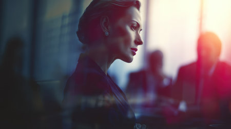 A poised woman in profile is captured amidst a business meeting, illuminated by soft light with blurred colleagues in the background.の素材