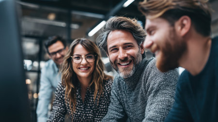 A vibrant group of diverse professionals shares ideas and laughter in a modern office, showcasing teamwork and collaboration in a positive work environment.の素材