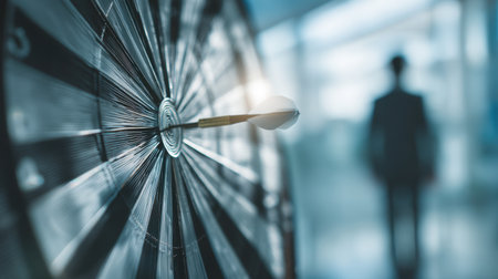 A sharp dart strikes the bullseye on a dartboard, symbolizing focus and achievement, with a shadowy figure hinting at ambition and success.の素材