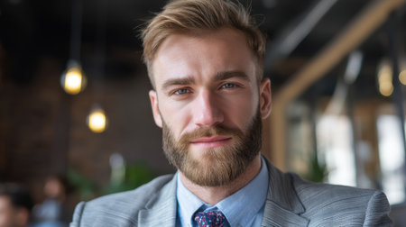 Close-up portrait of a confident businessman in a stylish suit and beard, seated in a modern office. The warm lighting enhances the professional atmosphere.の素材