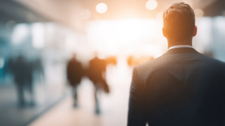 A professional man in a suit walks toward a bright light in a busy corporate environment, symbolizing ambition and a drive for success.の素材