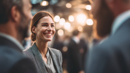 A confident businesswoman smiles brightly while engaging in conversation at a networking event, surrounded by fellow professionals in a modern, vibrant atmosphere.の素材