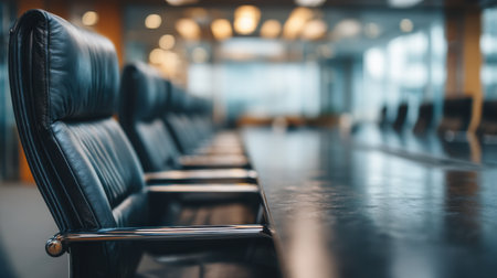 This image showcases a line of sleek black leather chairs around a modern conference table, set in a professional meeting room. Ideal for business-related imagery.の素材
