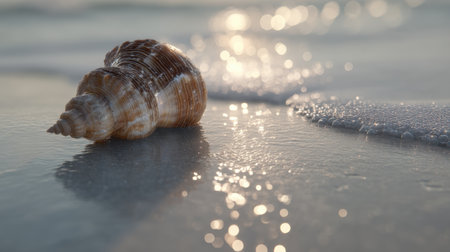 A stunning close-up view of a seashell resting on a gentle beach, with sparkling water reflecting the sunlight and soft sand surrounding it.の素材