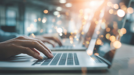 A close-up view of a hand typing on a laptop keyboard, set in a modern workspace. The blurred background features warm light, creating a cozy and productive atmosphere.の素材