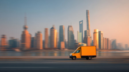 A bright yellow delivery truck speeds along a city road, with a stunning urban skyline glowing in warm sunlight. The image captures motion, energy, and modern architecture.の素材