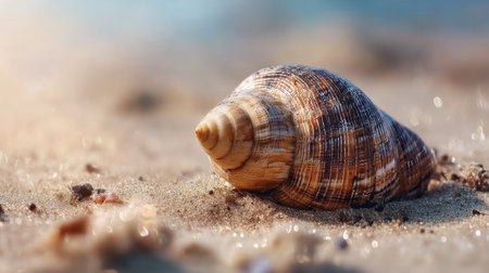 A stunning close-up image of a spiral shell resting on a sandy beach, capturing intricate details and soft natural lighting. Perfect for nature themes.の素材