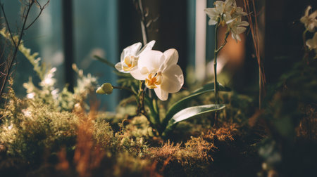 This stunning image features elegant white orchids blooming amidst vibrant moss and greenery, beautifully illuminated in soft natural light.の素材
