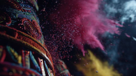 An artistic close-up of colorful powdered pigments in motion, creating dynamic shapes and vibrant clouds of color against a dark backdrop.の素材