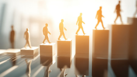 A captivating image depicting small silhouettes of figures ascending stacked blocks, symbolizing growth, success, and the journey toward achieving goals in life and business.の素材