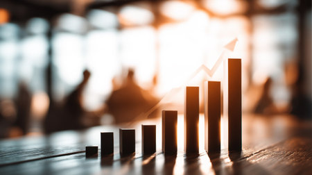 This image features a growth chart with rising bars on a wooden table, capturing a warm-lit business environment for presentations.の素材