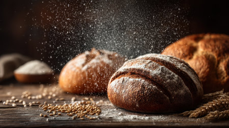 Freshly baked artisan bread loaves dusted with flour, set against a rustic wooden table. The warm lighting enhances the comforting atmosphere.の素材
