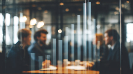This image captures a blurred office meeting scene emphasizing charts and growth while showcasing collaboration and strategy in a business environment.の素材