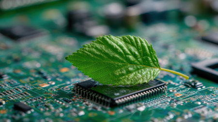 A vibrant green leaf rests on a microchip, symbolizing the intersection of nature and technology. The image captures the harmony between organic growth and electronic innovation.の素材