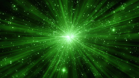 This captivating image features a vibrant green explosion of light, radiating energy and creating an energetic atmosphere in a dark background. Perfect for creative projects.の素材