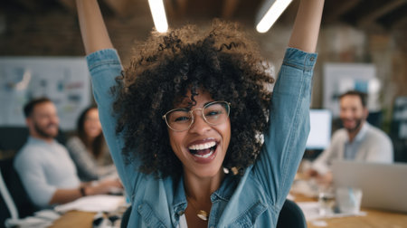 A joyful African American woman raises her arms in celebration in a modern office, showcasing happiness and teamwork among colleagues.の素材
