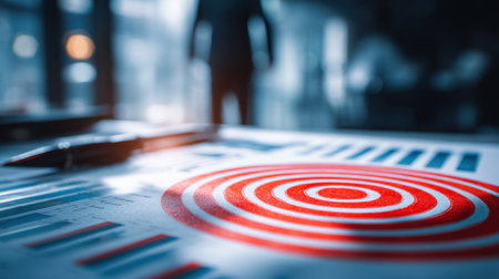 A dynamic business image featuring a red target symbol on a financial report, representing strategic focus on growth and success. Ideal for corporate use.の素材