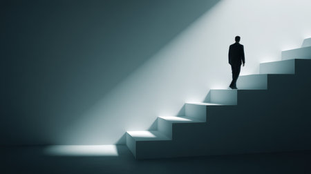 A solitary figure ascends lighted stairs within a dim environment, symbolizing personal growth, inspiration, and the journey toward success.の素材