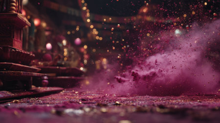 A mesmerizing scene depicting a vibrant celebration filled with pink powder swirling in the air, capturing the essence of joy and tradition during a lively event.の素材