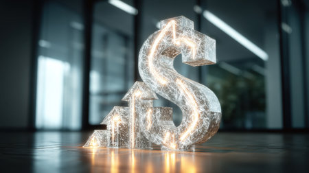 A captivating dollar sign intertwined with bright growth arrows, symbolizing financial success and investment potential in a modern workspace.の素材