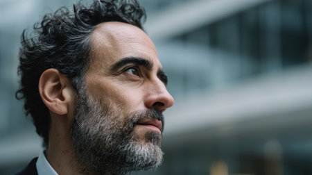 A thoughtful businessman with a beard and curly hair gazes into the distance, showcasing a reflective moment in a modern urban setting.の素材