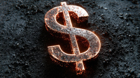 This image features a glittering dollar sign resting on a dark, textured surface, symbolizing wealth and financial prosperity in an artistic manner.の素材
