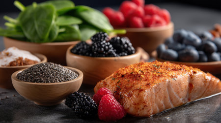 A beautifully arranged composition featuring a fresh salmon fillet surrounded by an assortment of berries and spinach, perfect for a healthy meal.の素材