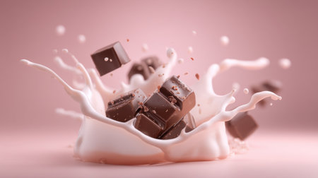 A dynamic scene showcasing chocolate cubes splashing into creamy milk against a soft pink background. This artistic composition captures the richness and indulgence of dessert, making it visually appealing for food photographers and culinary enthusiasts.の素材