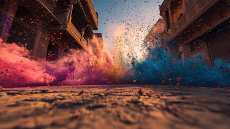 A stunning view of a vibrant urban street engulfed in colorful powder, captured during a lively festival at sunset, showcasing celebration and joy.の素材
