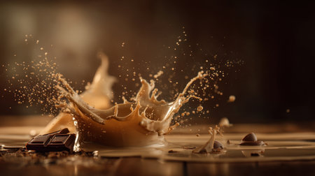 A striking image of a rich dark chocolate splash with creamy elements, captured in warm lighting. This visually dynamic scene showcases the delectable motion of chocolate and cream, perfect for enticing food lovers and culinary enthusiasts.の素材