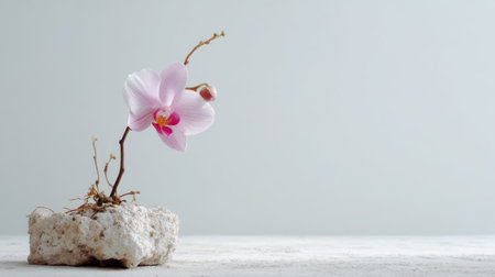 A stunning pink orchid flower gracefully perched on a natural stone base, ideal for showcasing beauty in a serene and minimalist setting. Perfect for decor.の素材