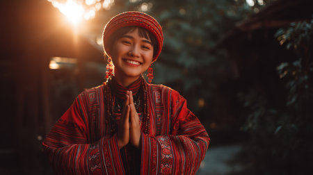 A young woman dressed in traditional attire stands outdoors, smiling warmly with a welcoming gesture against a sunlit backdrop, showcasing cultural beauty.の素材