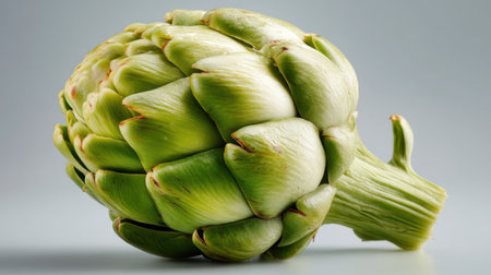A vibrant artichoke with intricate green layers resting elegantly against a smooth gray background, perfect for culinary presentations or healthy lifestyle imagery.の素材